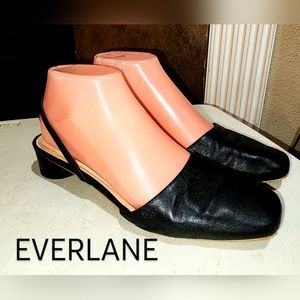 EVERLANE The Tapered Square Toe Black Leather Slingback Round Heel Sandals Italy